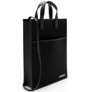 $840 JACQUEMEUS Le Cabas Tote black leather canvas silver logo XL vertic…
